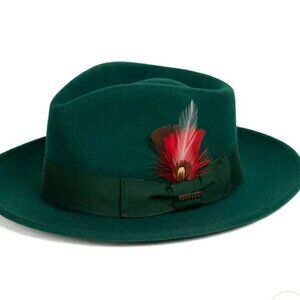 Ferrecci Green Wool Fedora Hat With Red Feather Accent Stylish Formal Design For
